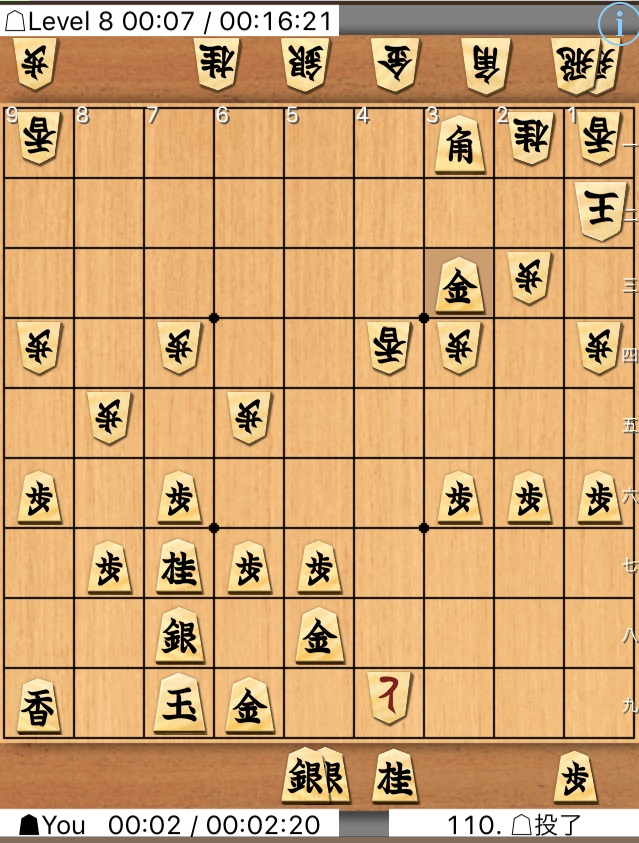 長男に触発されて柿木将棋。連敗の後、レベル8に何とか勝ちました。この局は異常に弱かったです。